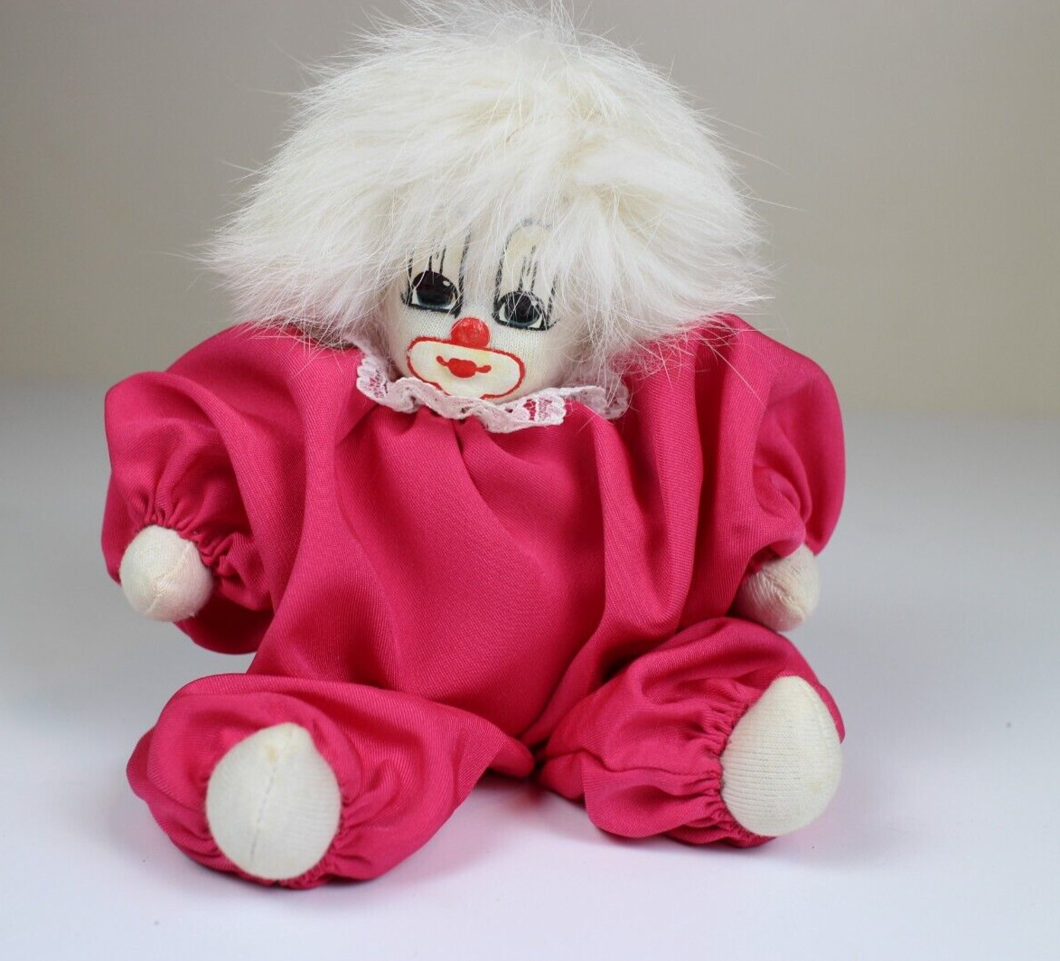Vintage Q Tee Clown Shelf Sitter Hand Painted Hand Made Pink White Hair