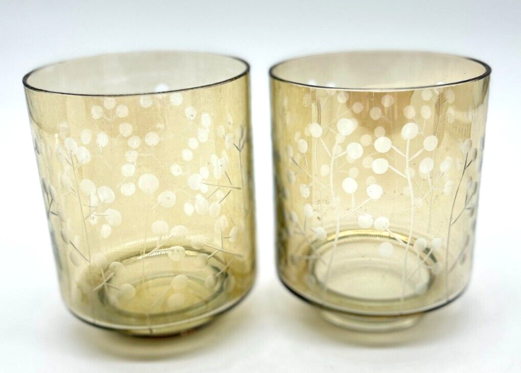 2 Vintage Mid Century Candle Holder Etched Tree round Dots Hurricane lt Amber
