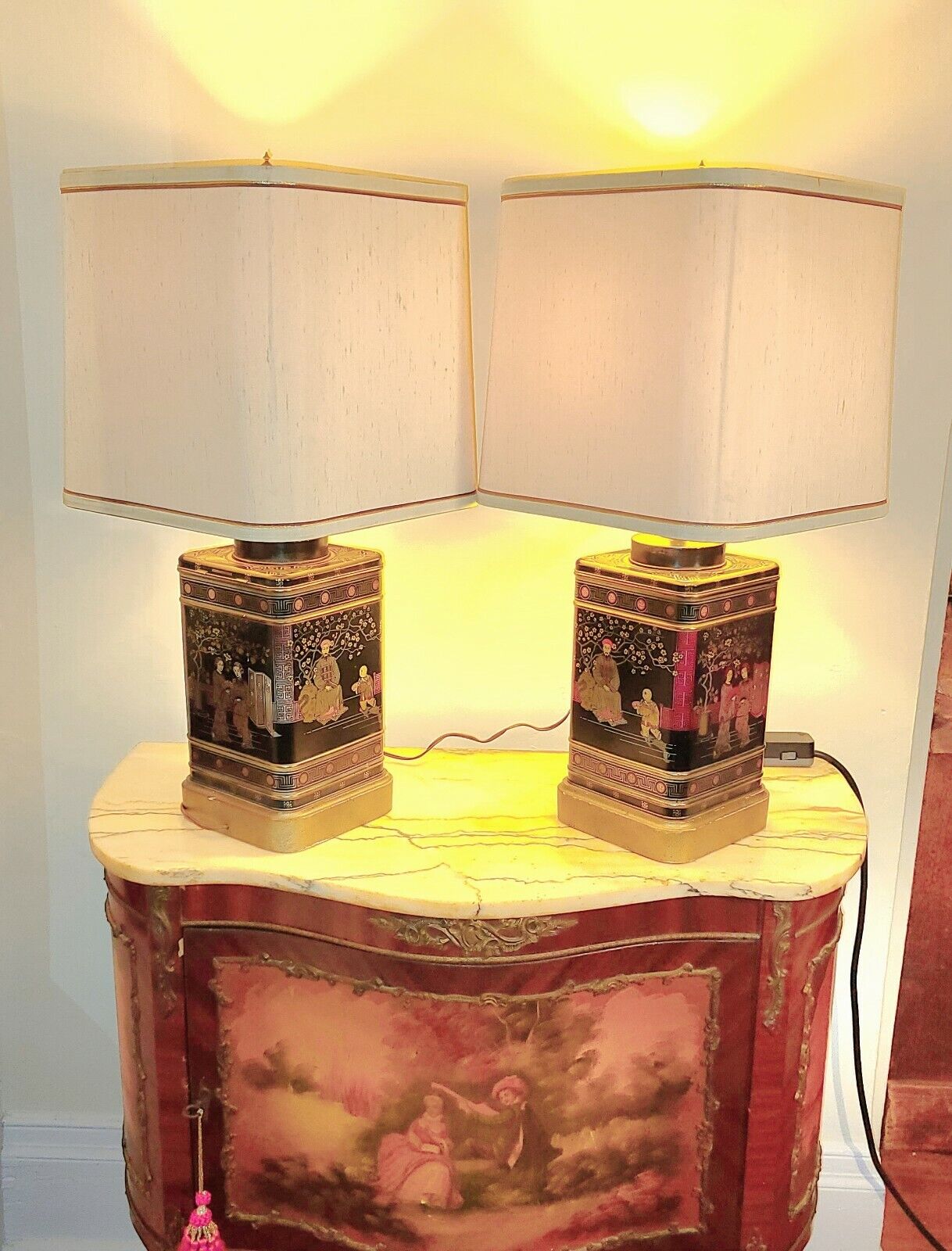 Vintage Pair of Frederick Cooper Asian Chinoiserie Tin Tea Canister Table Lamps.