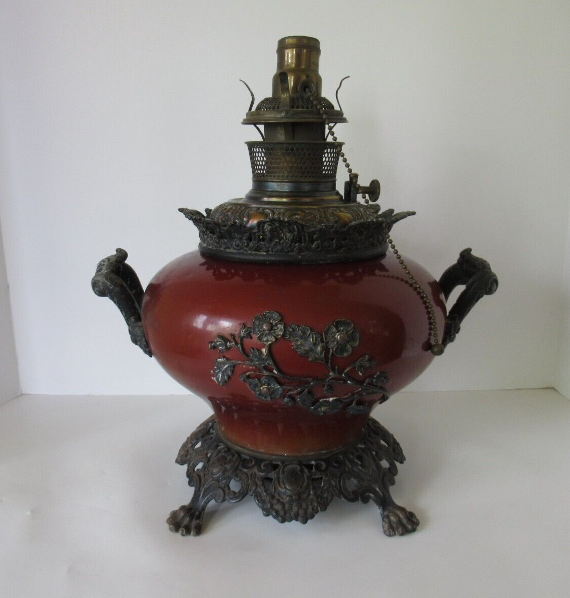Antique Bradley & Hubbard converted oil lamp metal body applied handles ornate