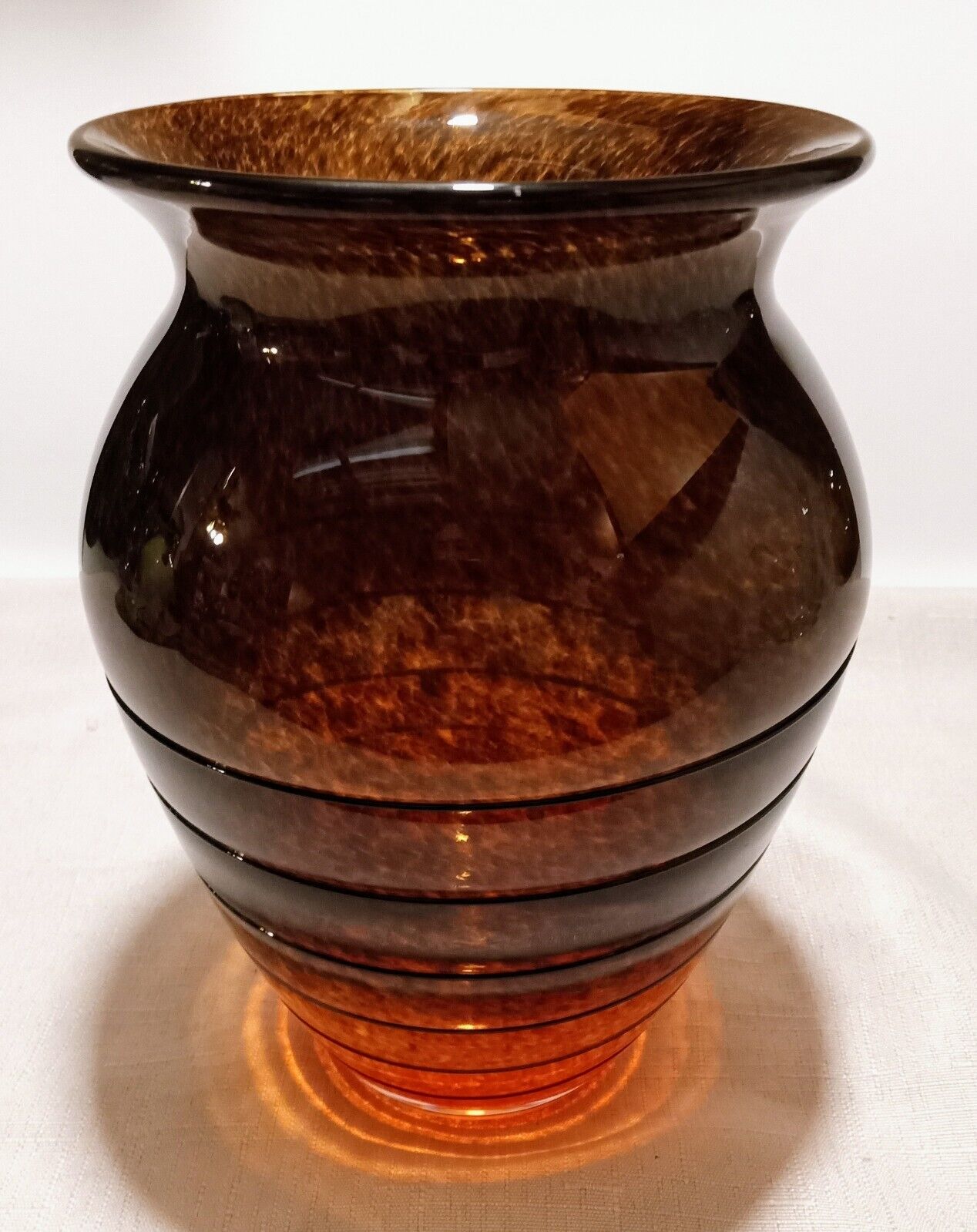 Vtg Spatter Art Glass Vase Orange Black Threaded Clear Cased MCM Czech Style 