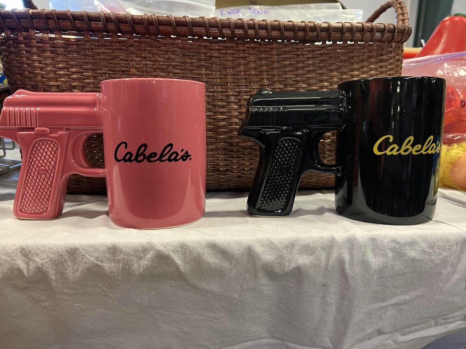2 Cabela's Black/PinHand Gun Pistol Grip Handle 16 Oz Coffee Tea Mug Cup Gift