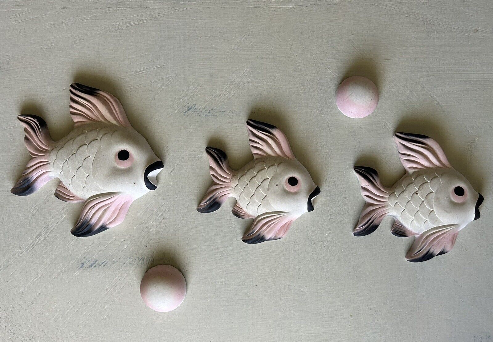 Vintage Miller Studios Set of 3 Fish and 2 Bubbles Chalkware Wall Decor 1960's