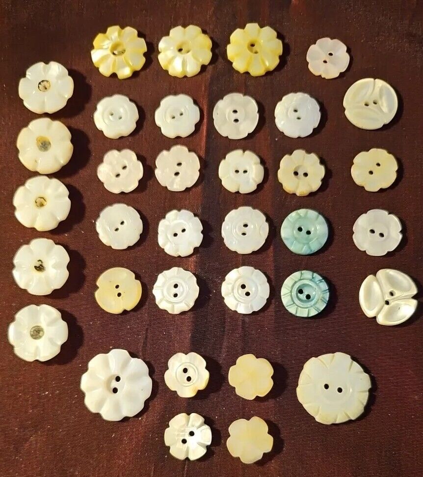 35 Antique Vintage Mother Of Pearl Shell Carved Flower Buttons