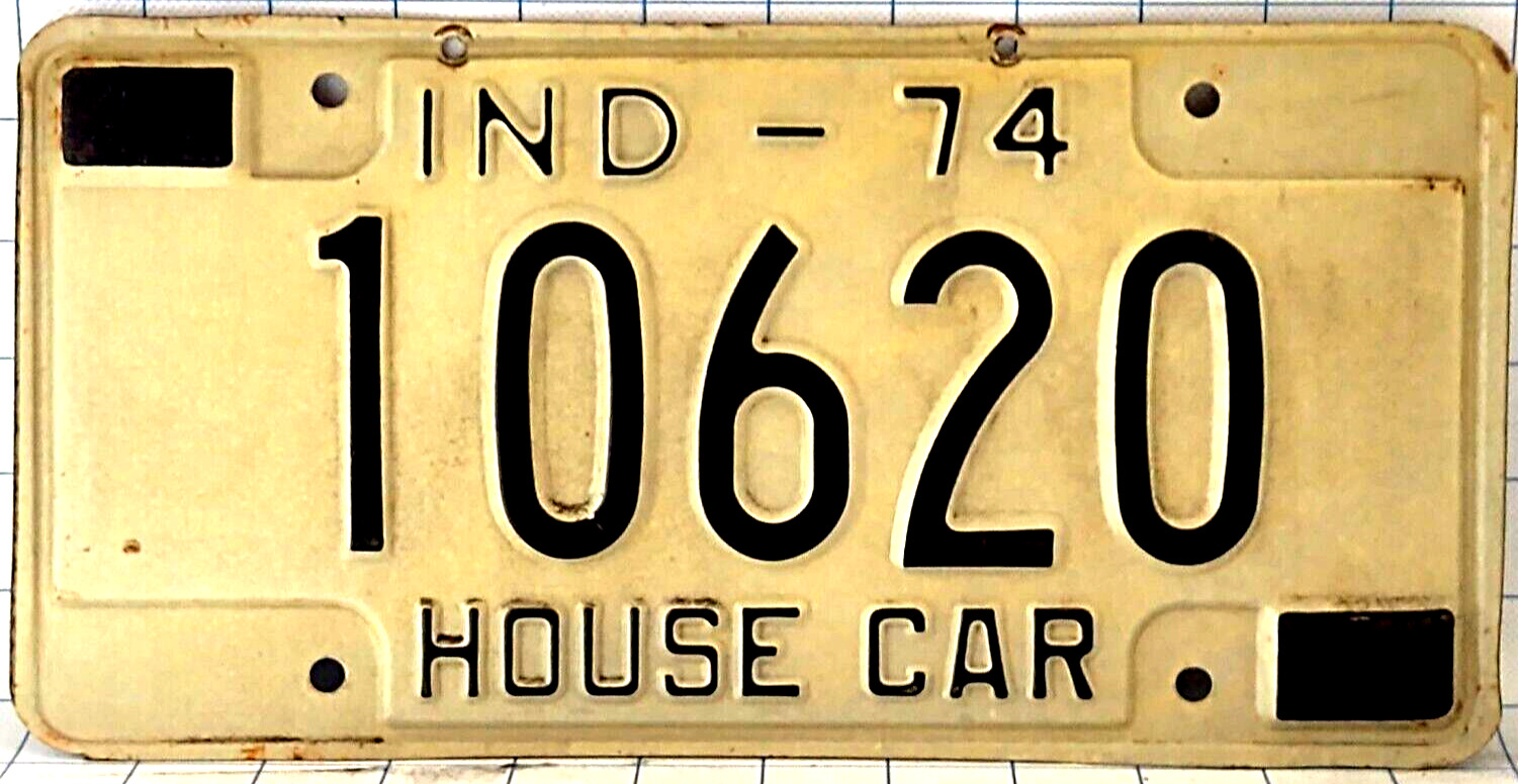 Indiana 1974 Black on White Metal Expired License Plate Tag 10620 House Car
