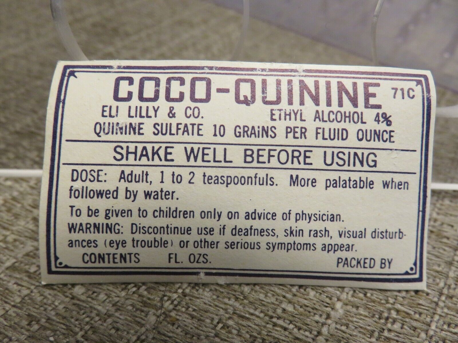 Vintage Eli Lilly COCO-QUININE Drug Store/Pharmacy Label (Unused)