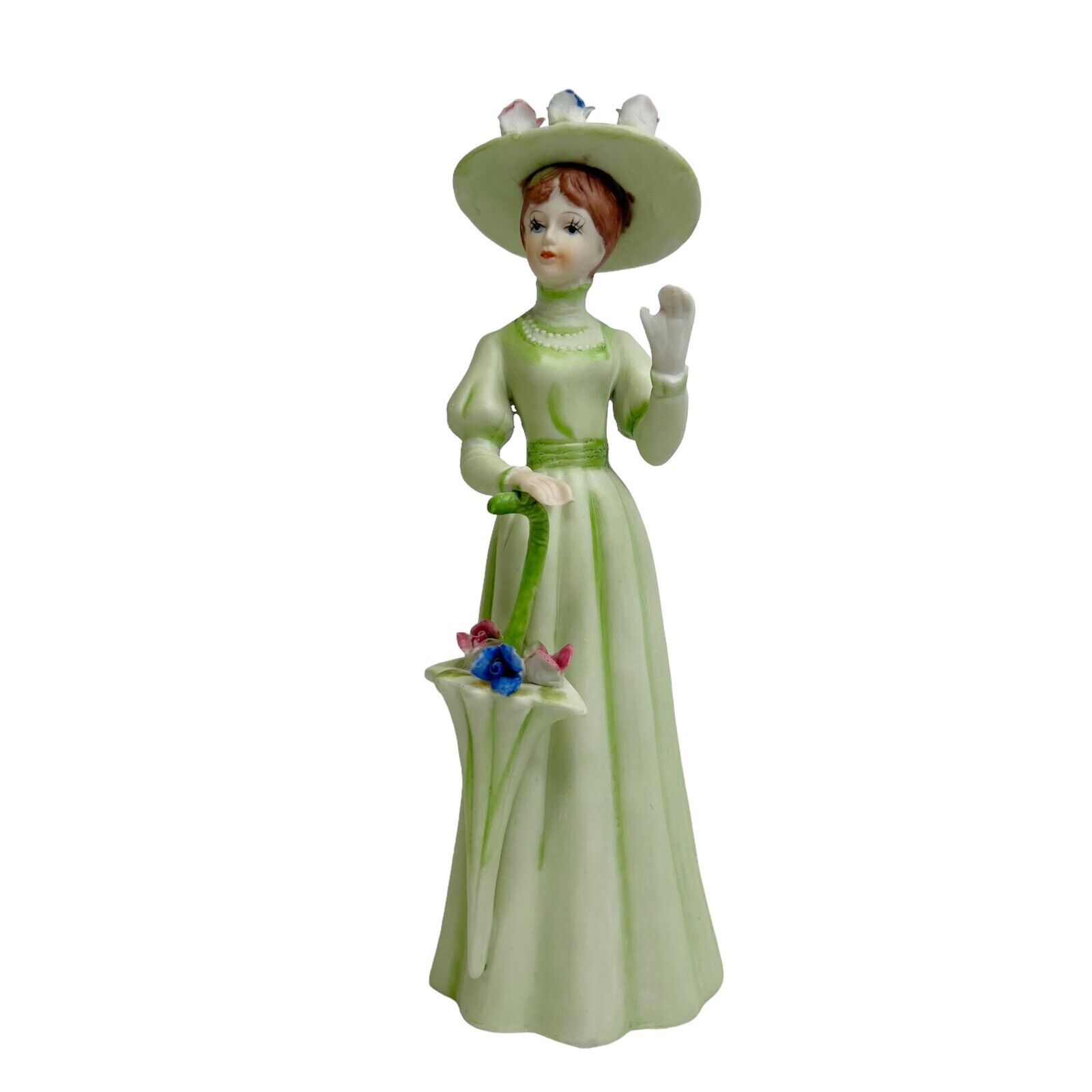 Vintage Porcelain Victorian Lady Figurine Green Dress Umbrella Flowers Taiwan 9”