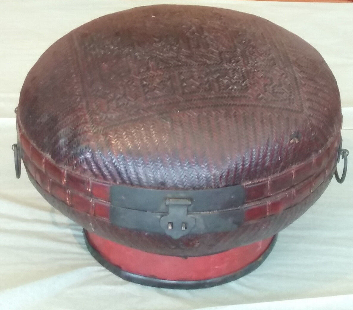 Antique Chinese Bamboo Woven Hat Box Round Lockable Elevated Stand Tibetan Wan