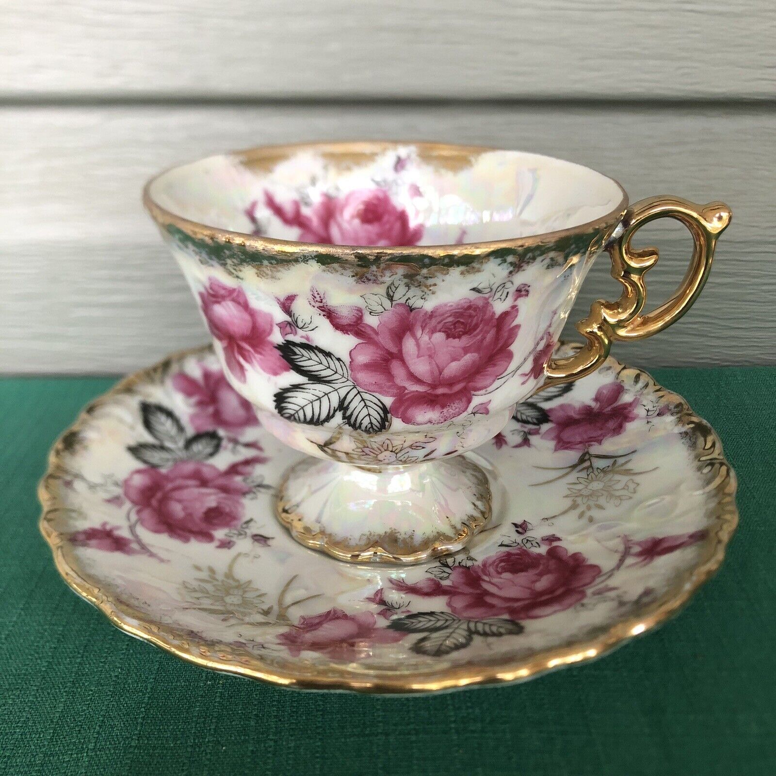Vintage ROYAL SEALY China Lusterware Tea Footed Cup/Saucer Japan Blk Leaf & Rose