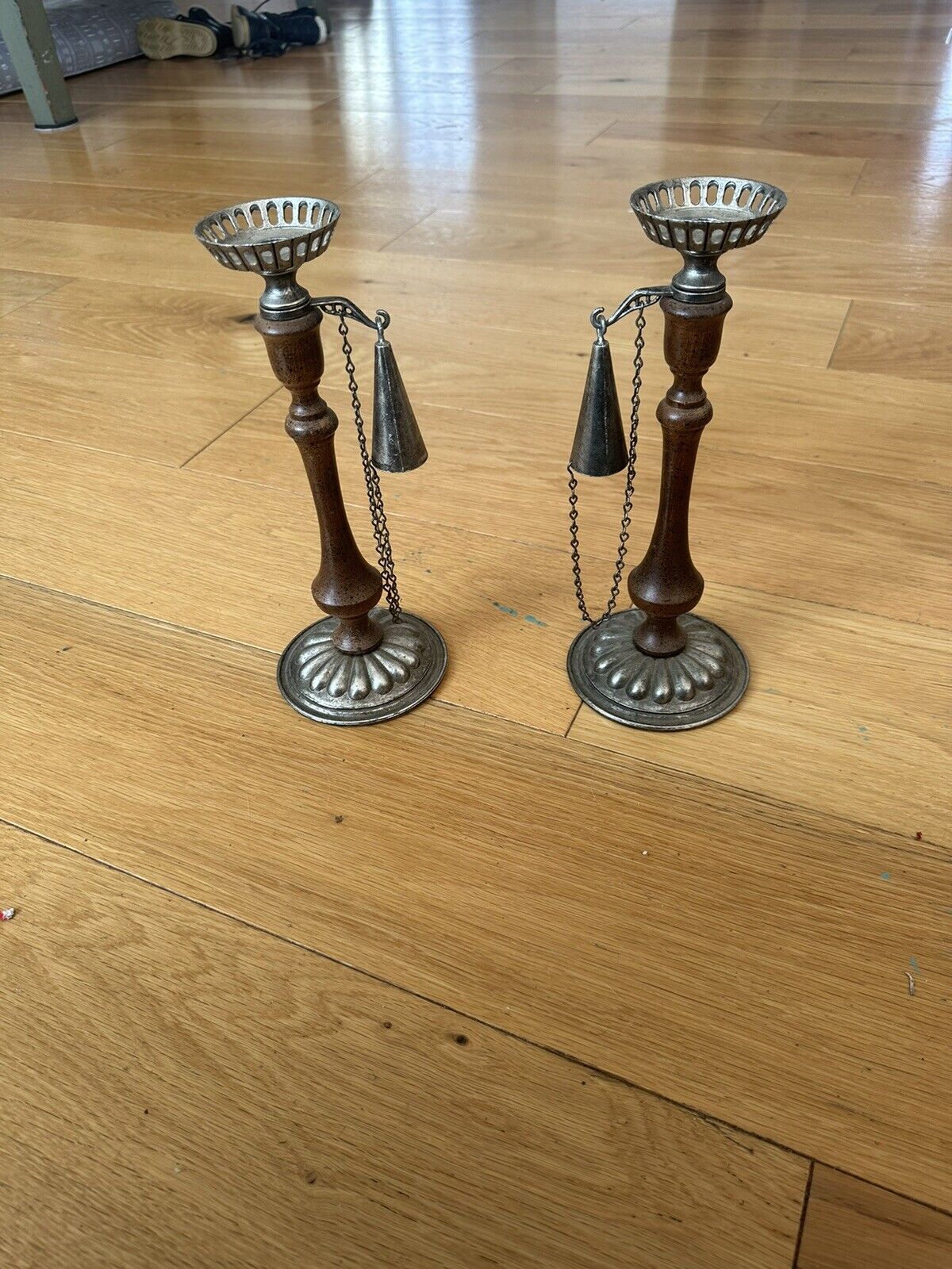 Vintage Set Of Two Dilly Wood And Metal Candle Holders With Snuffers 11”