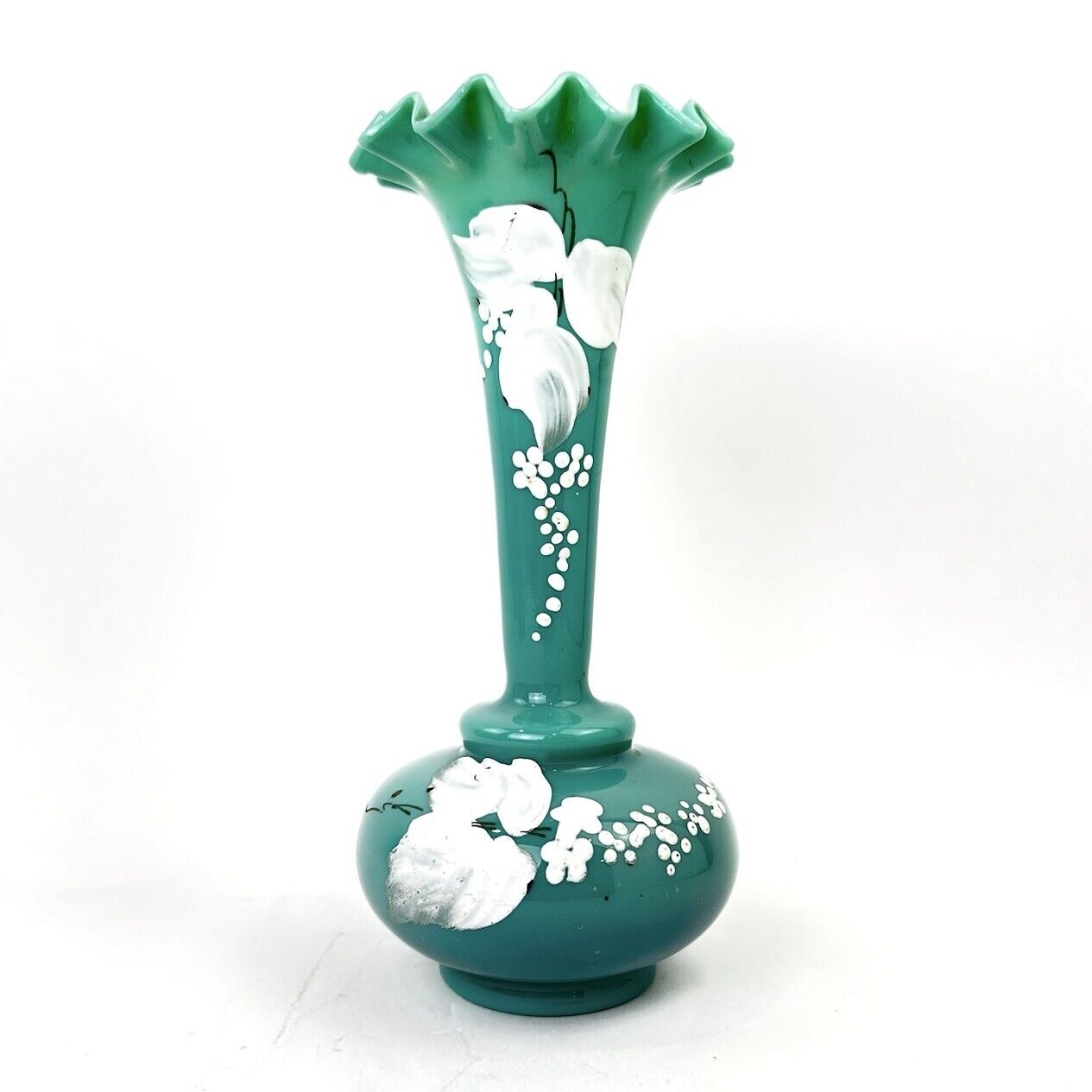 Antique Green Blue Opaline Victorian Opaque Bristol Glass Ruffled Bud Vase 7”
