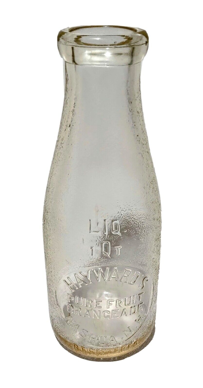 Rare Embossed HAYWARD'S PURE FRUIT ORANGEADE NASHUA, NH 1 Qt Glass Milk Bottle 