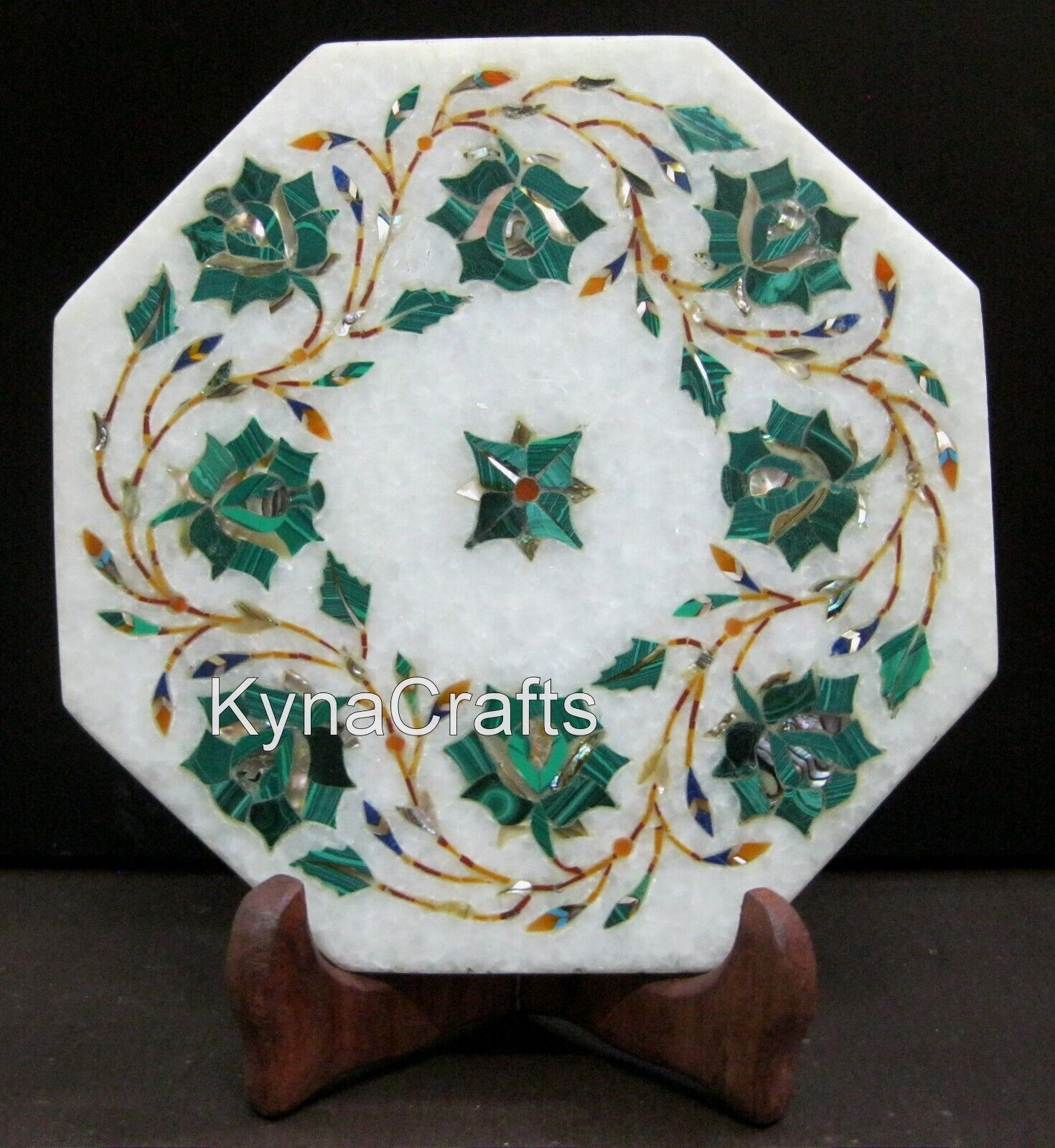 6 Inches Octagon Marble Decorative Plate Malachite Stone Inlay Work Kettle Stand