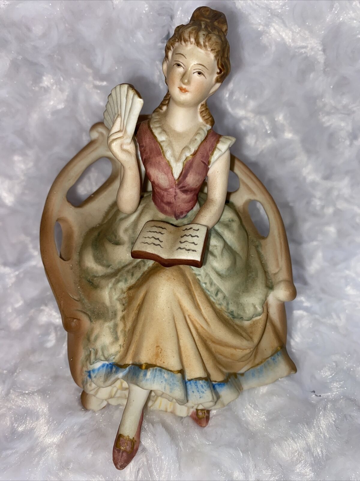Lefton China Hand Painted Seated Lady With Book And Fan Marked Lefton KW3826