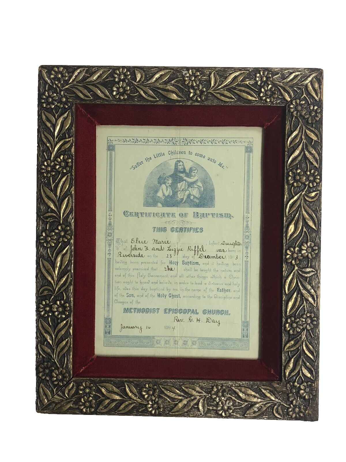 Antique Framed Certificate Of Baptism 1894 Methodist Episcopal Church 1800’s