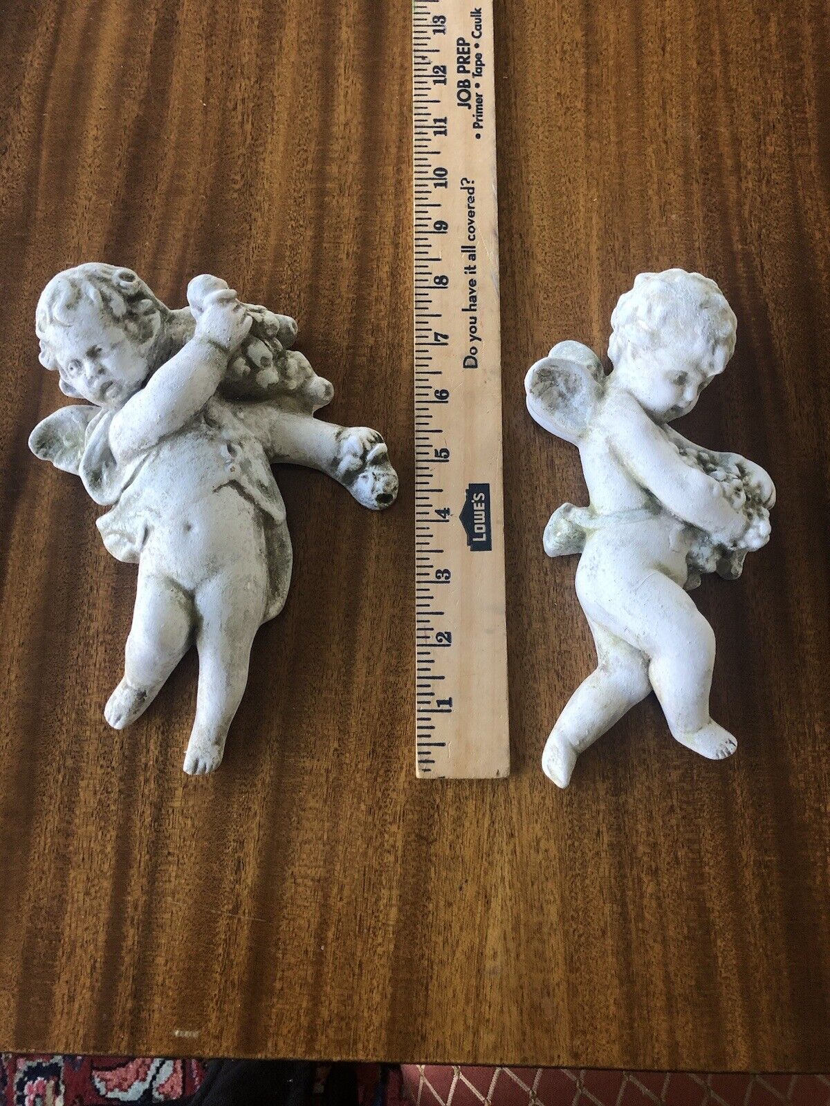 Pair of Aged Handcast Plaster Angels Cherubs Wall Plaques, 9” H, Stamped