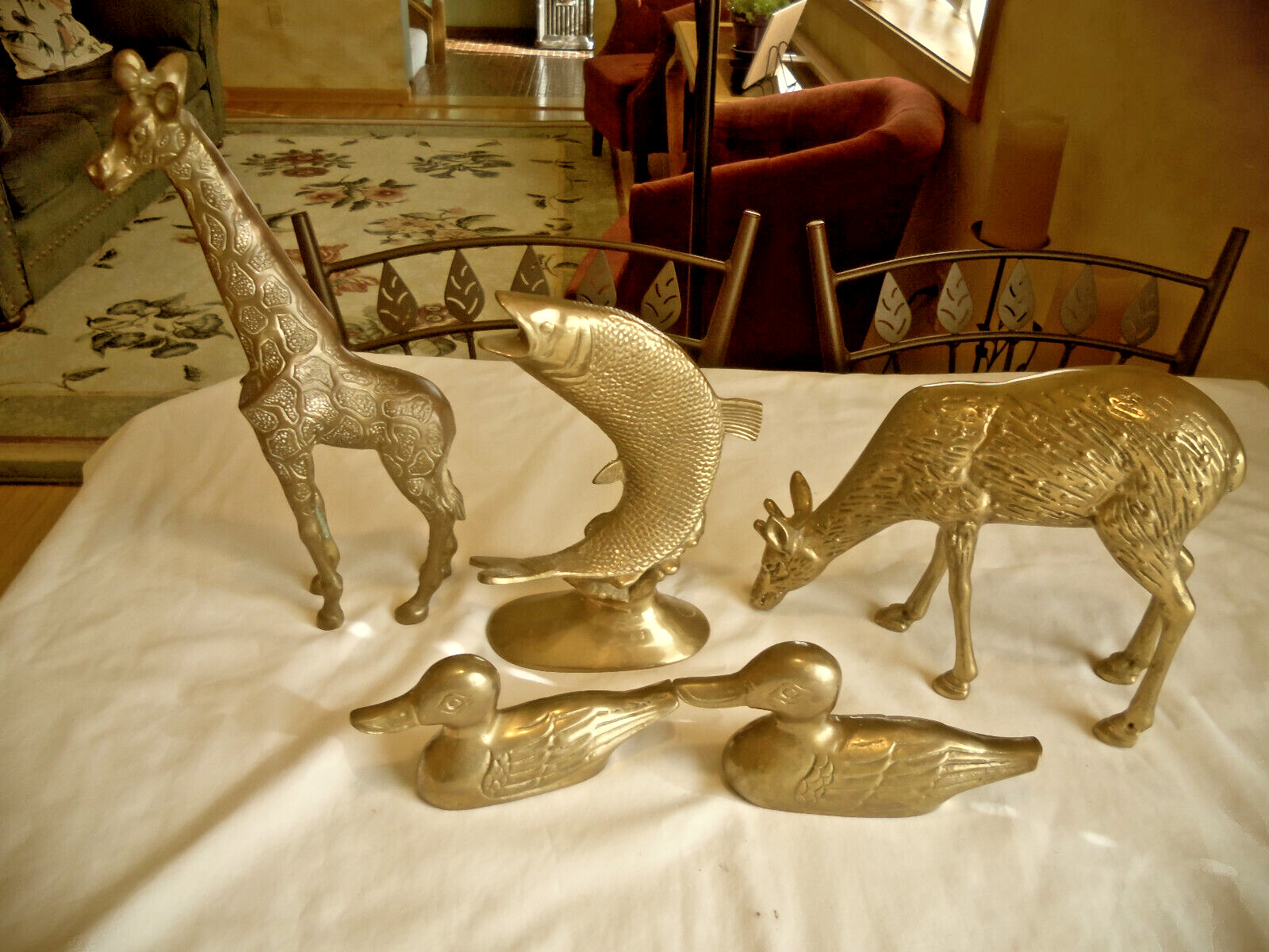 Lot Of  5 Assorted Brass Animal Figurines Statues Duck ,Giraffe ,Deer,Fish
