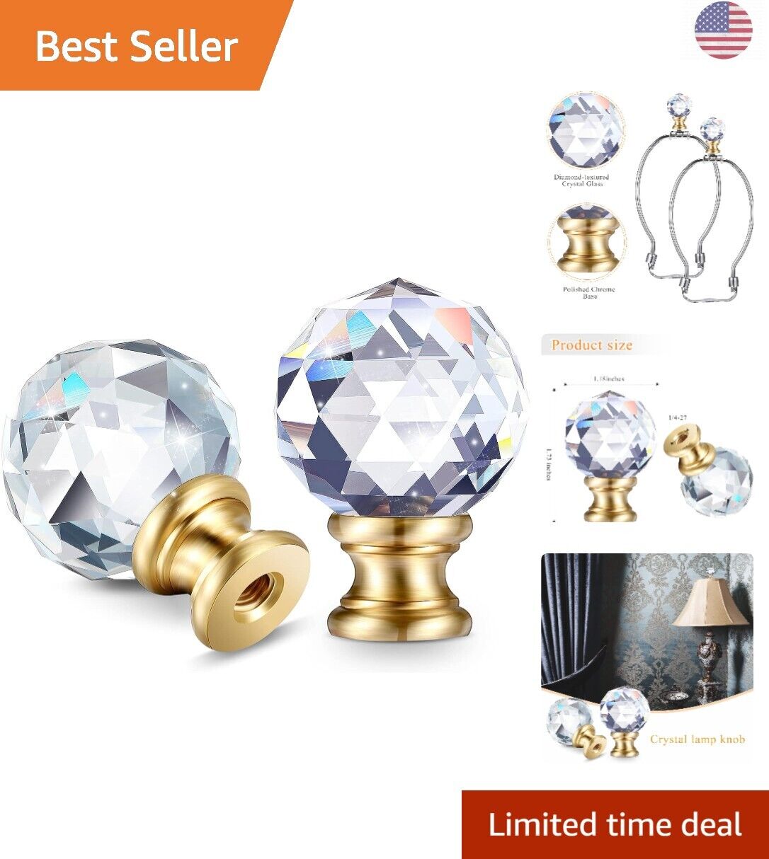 2 Pack Modern Diamond Crystal Lamp Knob with Polished Chrome Base - 1-3/4 Inches