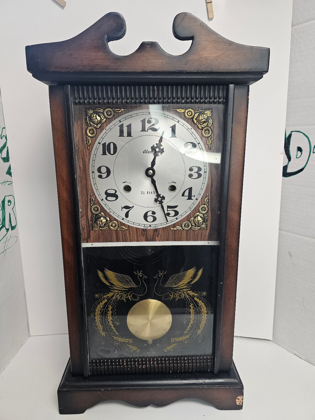 Vintage Alaron 31-Day Pendulum Wall Clock C24 Beautify Bird Graphics Chimes Key