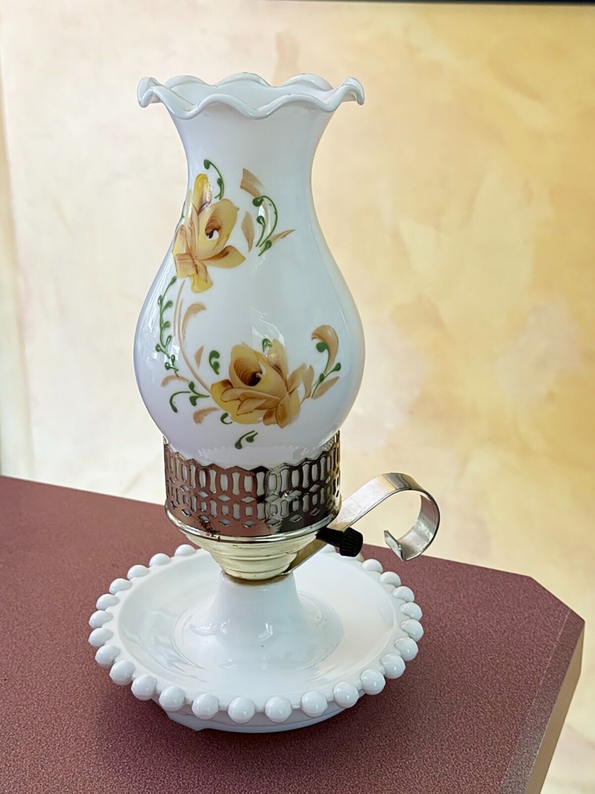 Vtg Handpainted Yellow Brown Roses Milk Glass Lamp Hobnail Ring Catcher Base