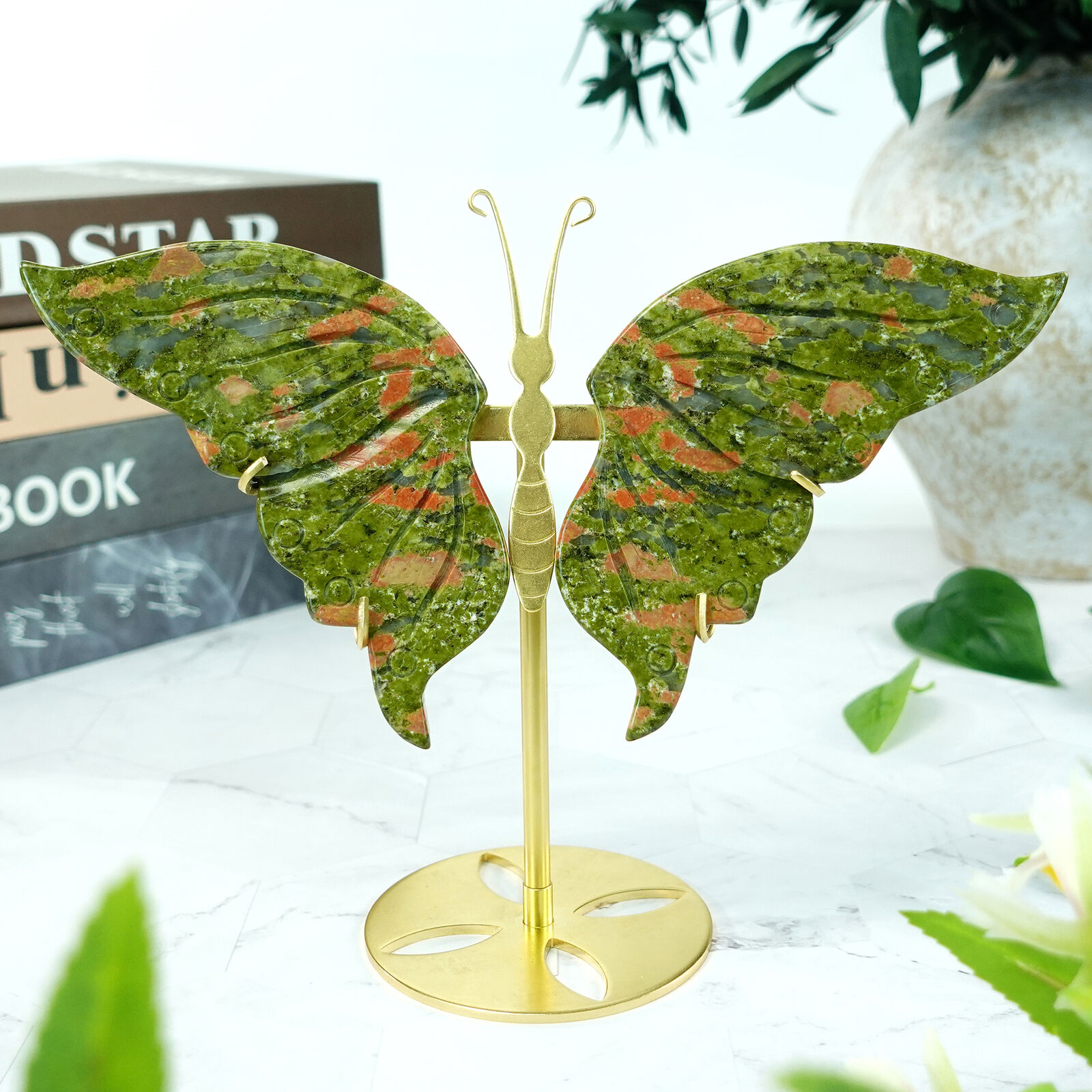 5\'\' Natural Crystal Unakite Butterfly Wings Healing Gift Energy Statue + Stand