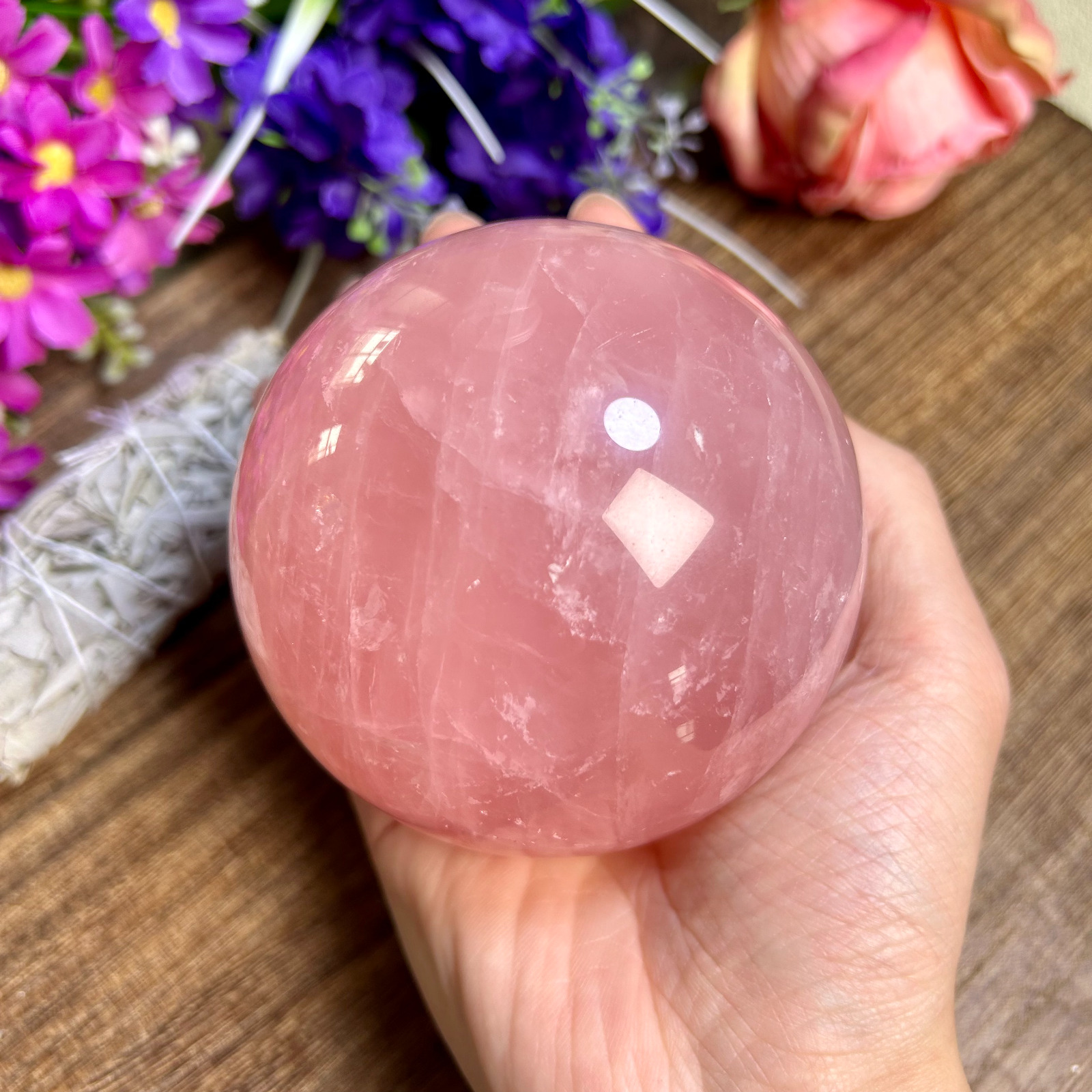 1095g High Quality Rose Quartz Crystal Sphere Reiki Healing Ball 90MM 2th