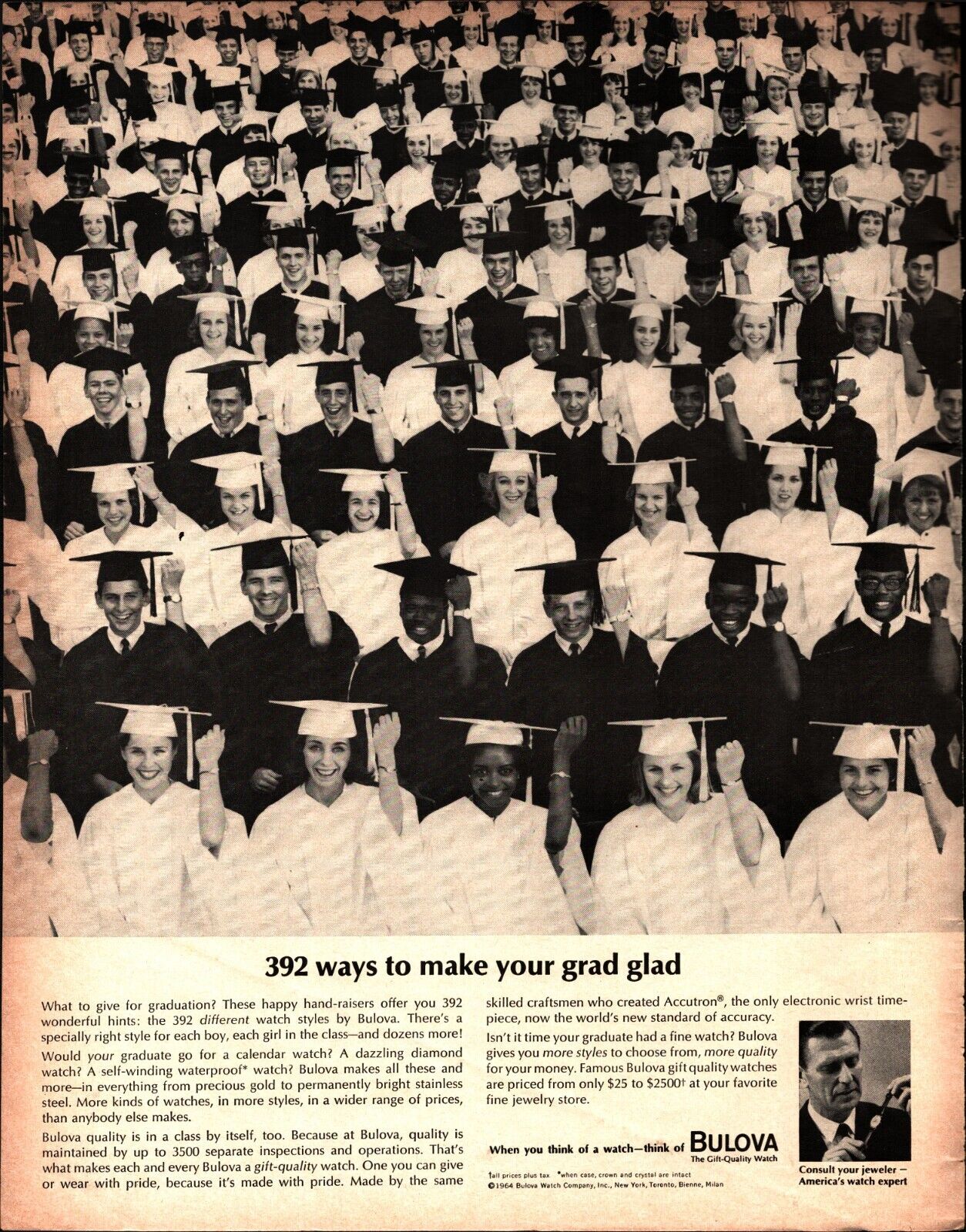 1964 Bulova Watch Graduate Graduation Gift Vintage Print Ad Cap Gown Wall Art c9
