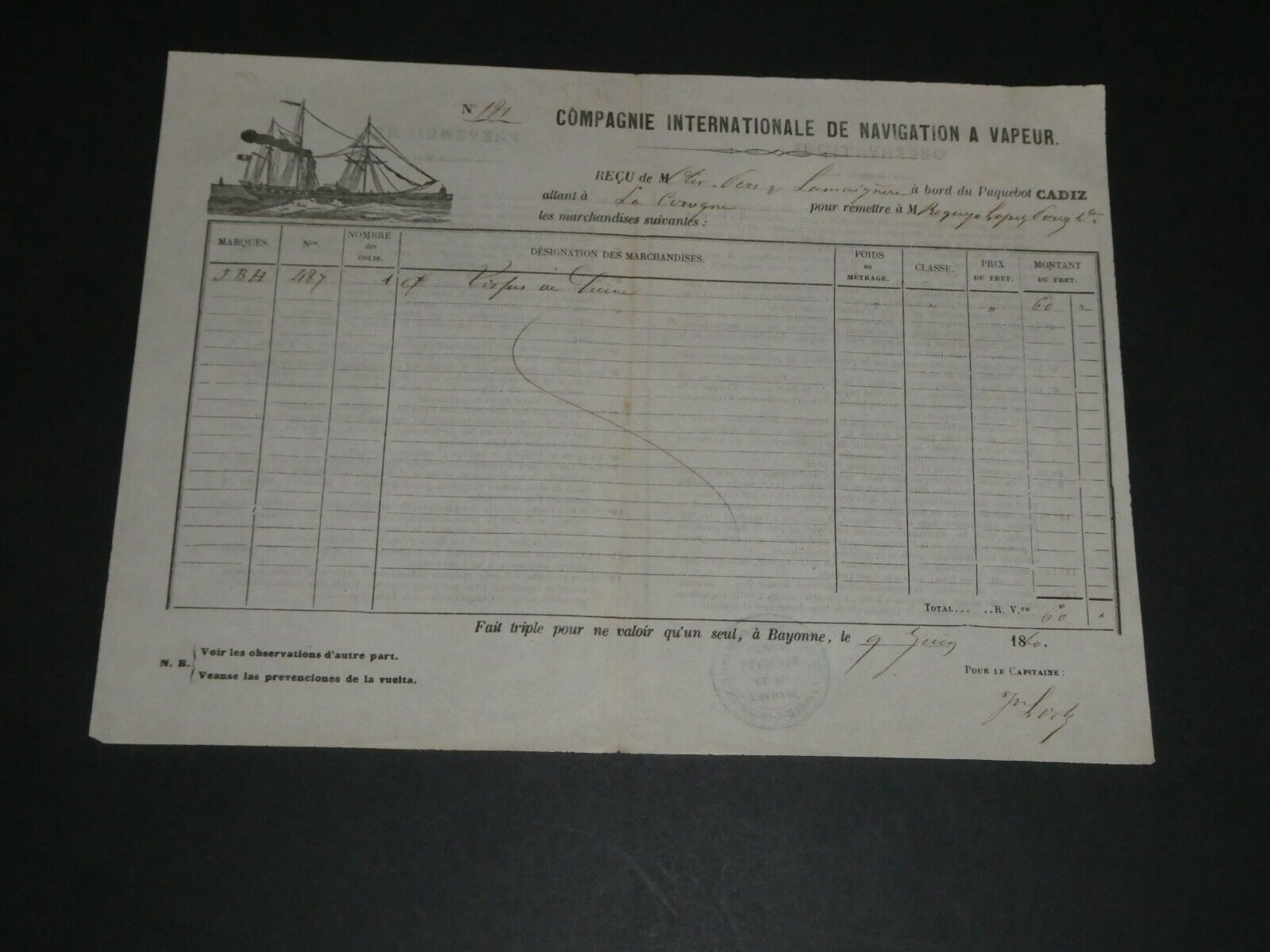Maritime bill of lading 1860, Bayonne in A Coruña in Spain, CADIZ ship