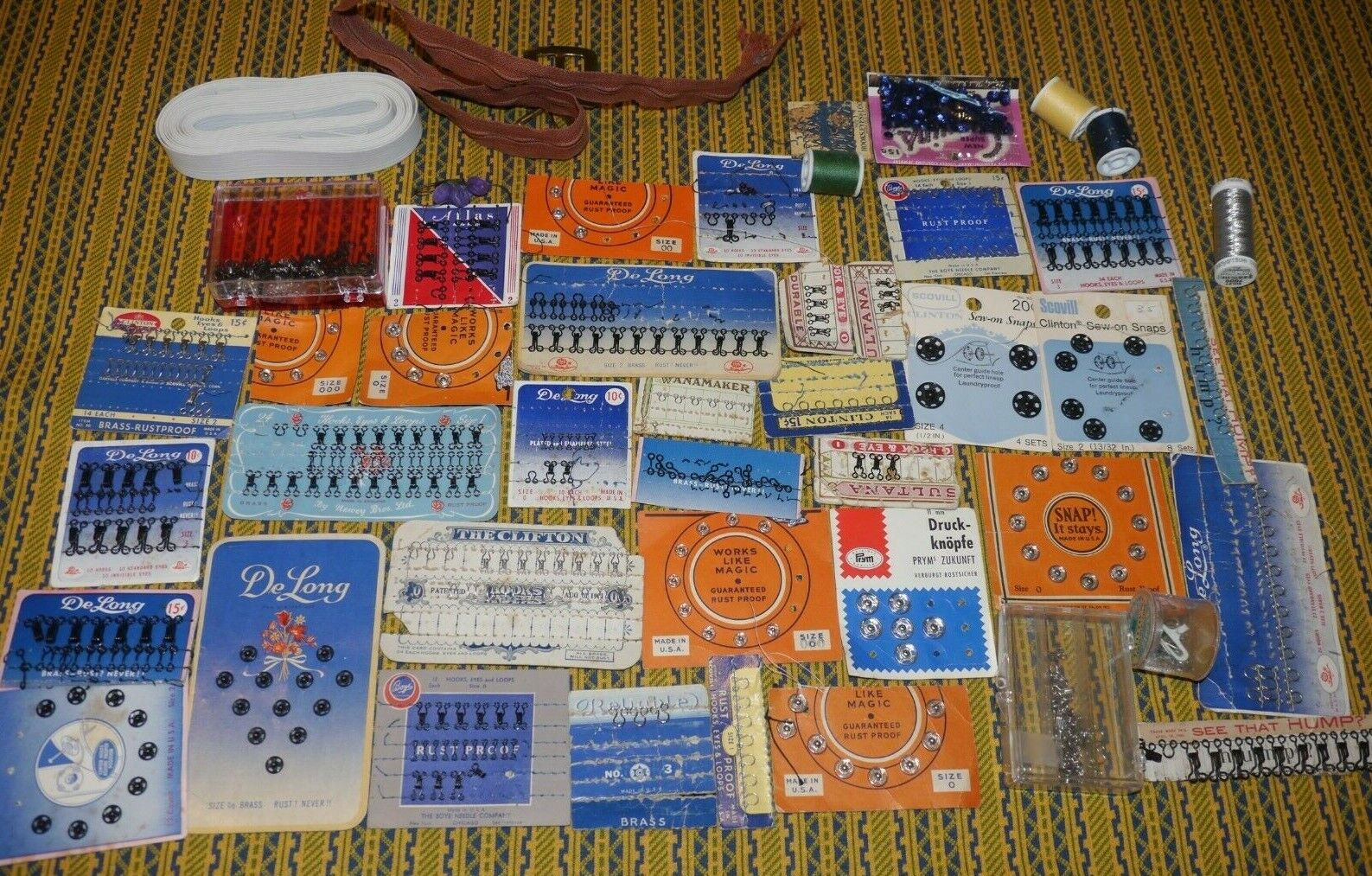 Lot of Antique Vintage Sewing  Kits Hooks Snaps Loops + DeLong Clifton ++