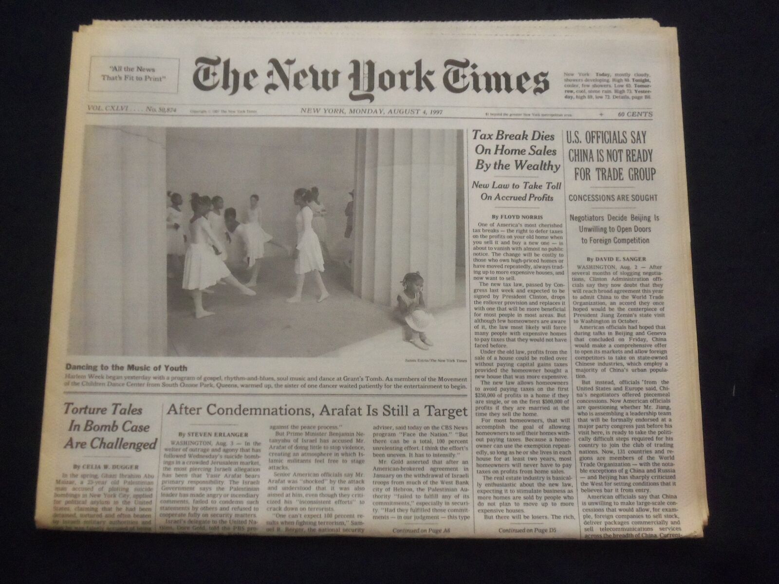 1997 AUGUST 4 NEW YORK TIMES NEWSPAPER - TAX BREAK DIES BY THE WEALTHY - NP 7087