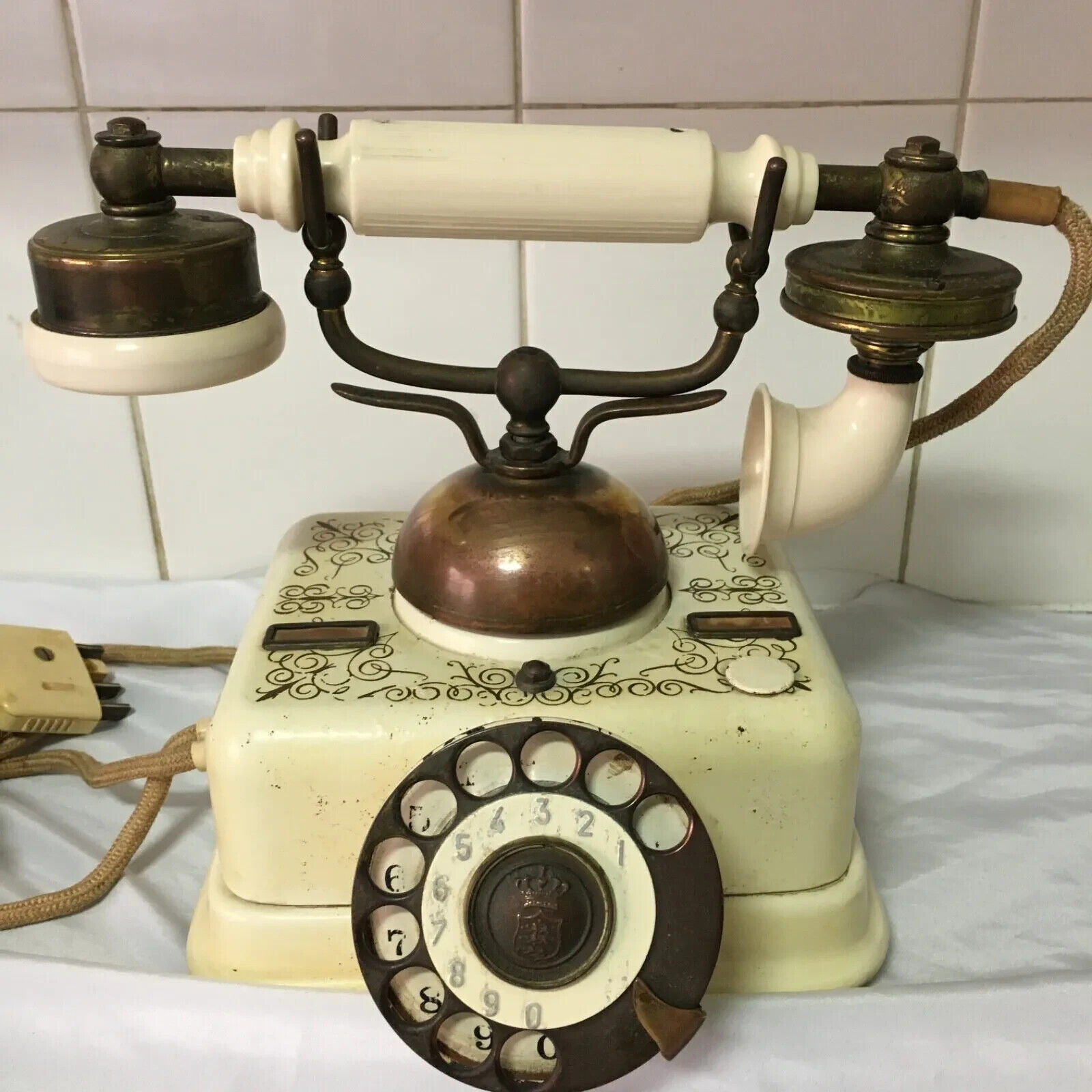 Vintage EXPOGA DANMARK Danish White And Brass Rotary Telephone