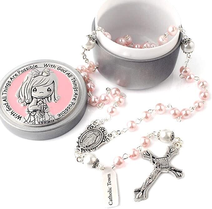 Catholic Town Glass Pearl Beads First Communion Rosary Necklace with Silver box
