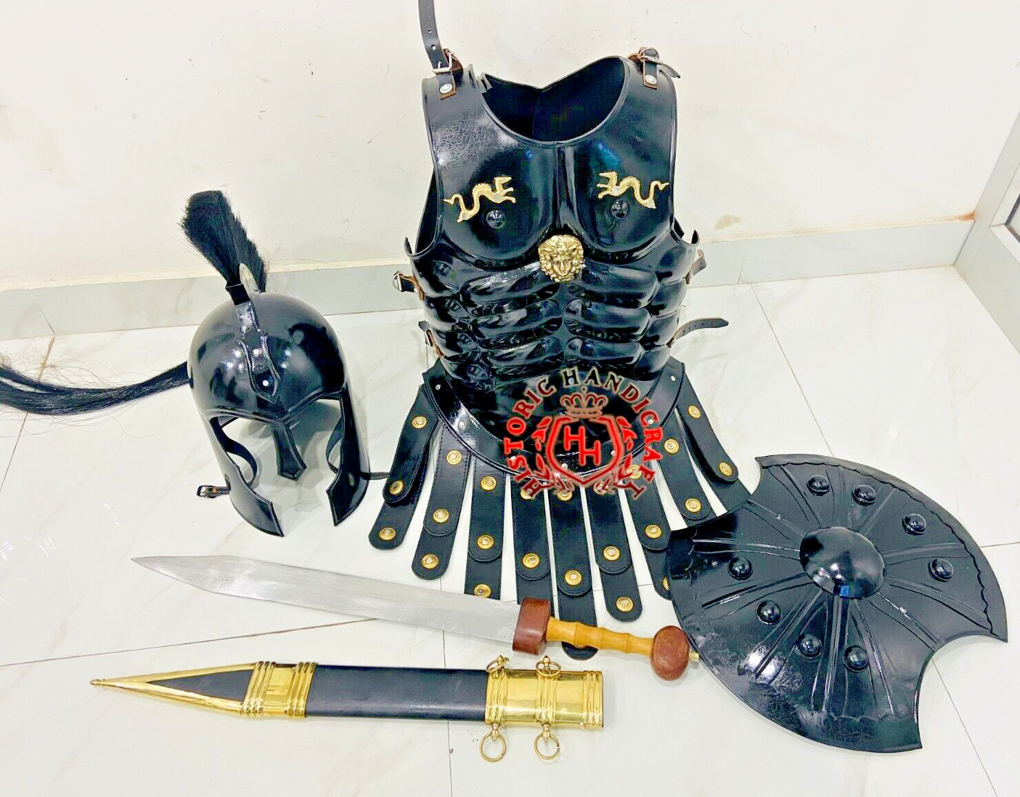 Troy Achilles Helmet w/Plume Muscle jacket Troy Shield & Sword Medieval Costume