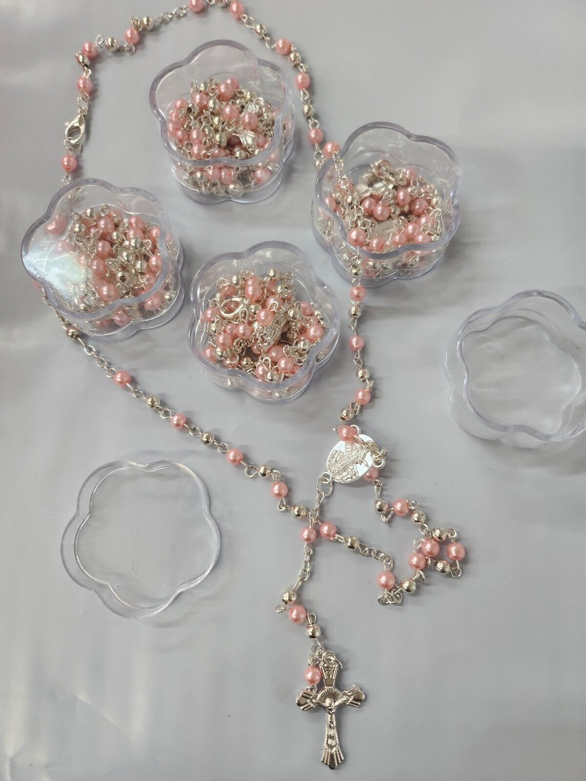 12 x Wholesale Bulk pink & silverFaux Pearl Rosaries for Baptism, Wedding, Memor