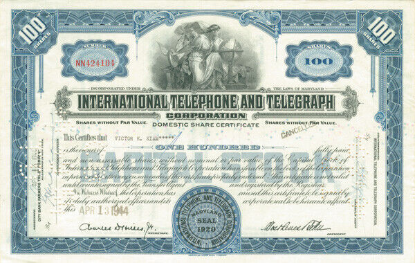 Victor K. Kiam - International Telephone and Telegraph Corp - ITT - Stock Certif