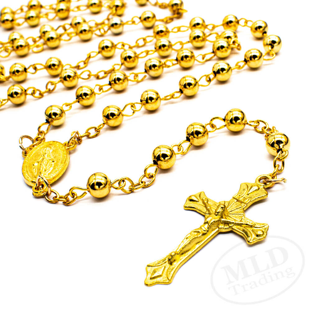 Gold Tone Metal Catholic Rosary Necklace 6mm Round Prayer Beads Virgin Mary