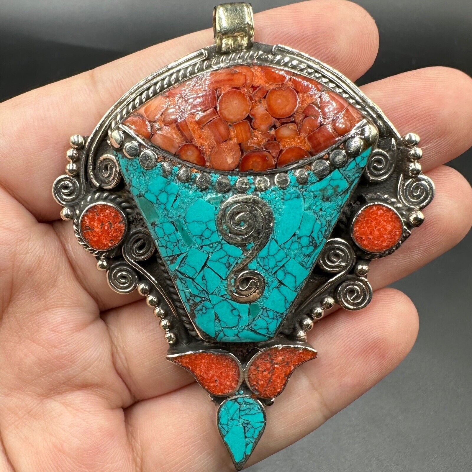 Very unique Vintage Tibetan Silver plated pendant with Turquoise & Coral Stone