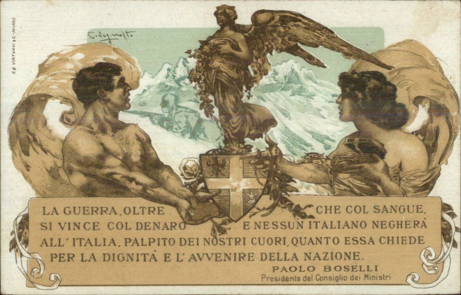 Art Nouveau Italian WWI War Fund Gold & Jewels Paolo Boselli c1915 Postcard