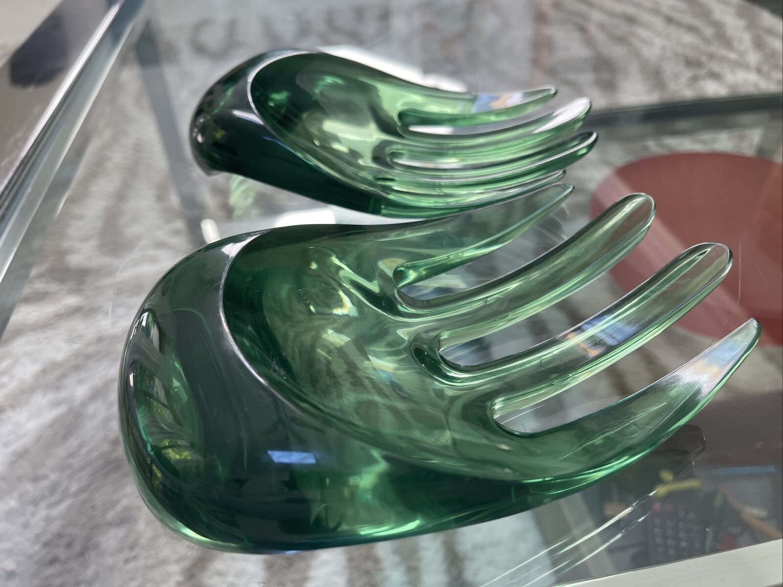 2 VTG MCM Retro Big Green Lucite Acrylic Salad Fork Hand Tosser Or Soap Dish EUC