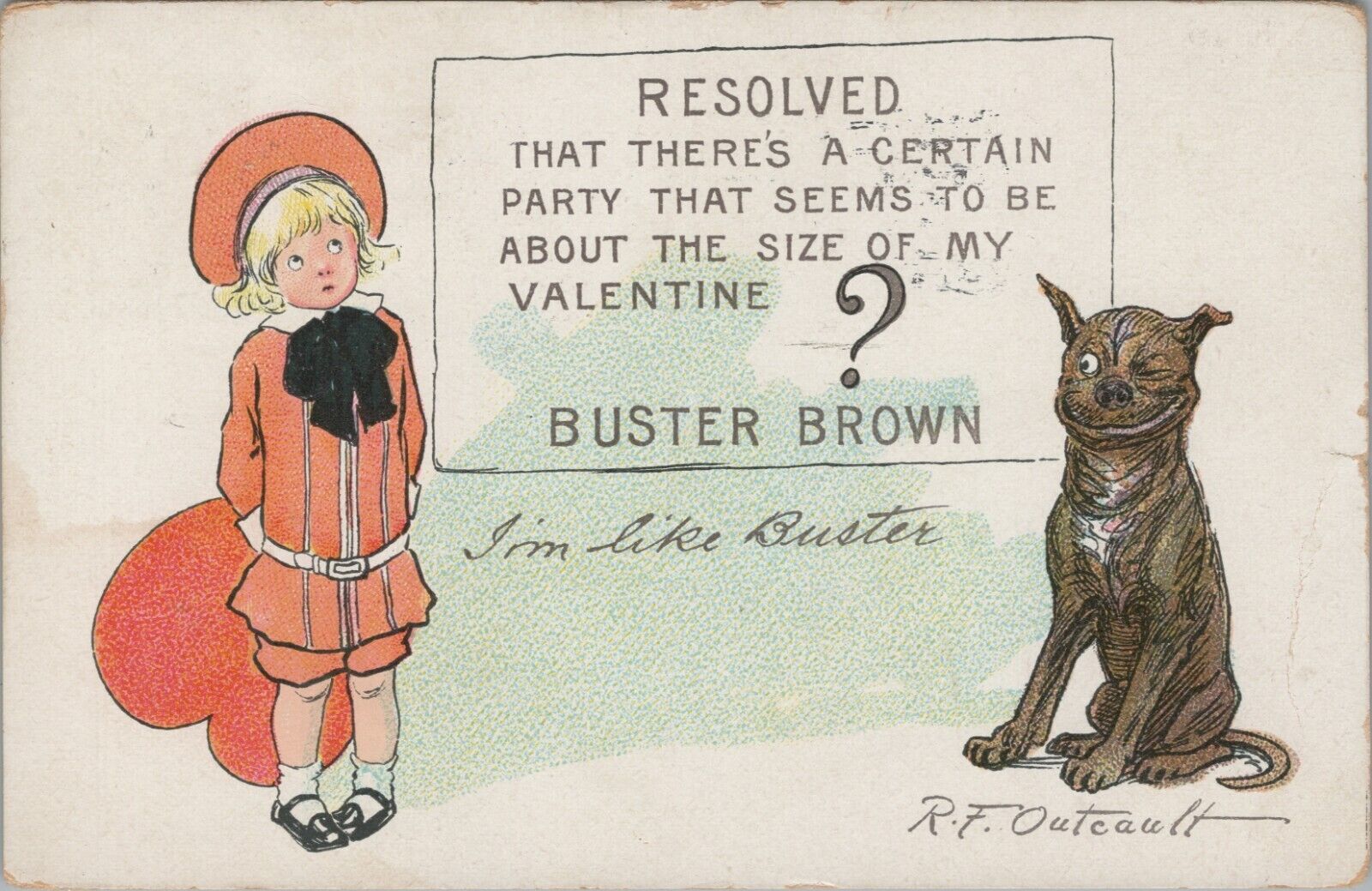 Tucks Valentine Buster Brown Heart Back Tige Dog Wink Outcault Artist c1908 G531