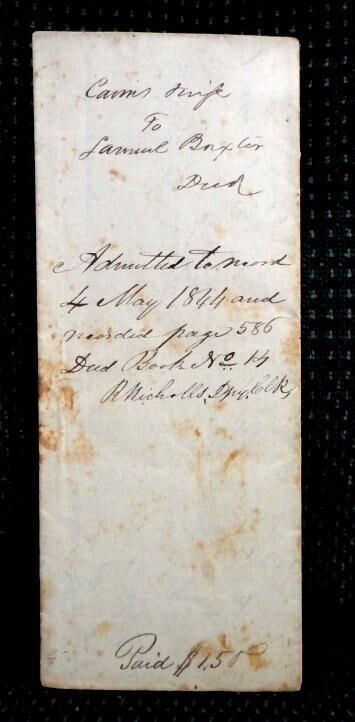 1844 antique HANDWRITTEN DEED~WM.CAIRNS,BROOKS VA~SAM BAXTER,DEEP GUT RIVER 