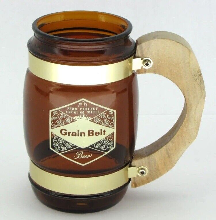 1960\'s Grain Belt Beer 5 Inch Amber Glass Wooden Handled Mugs