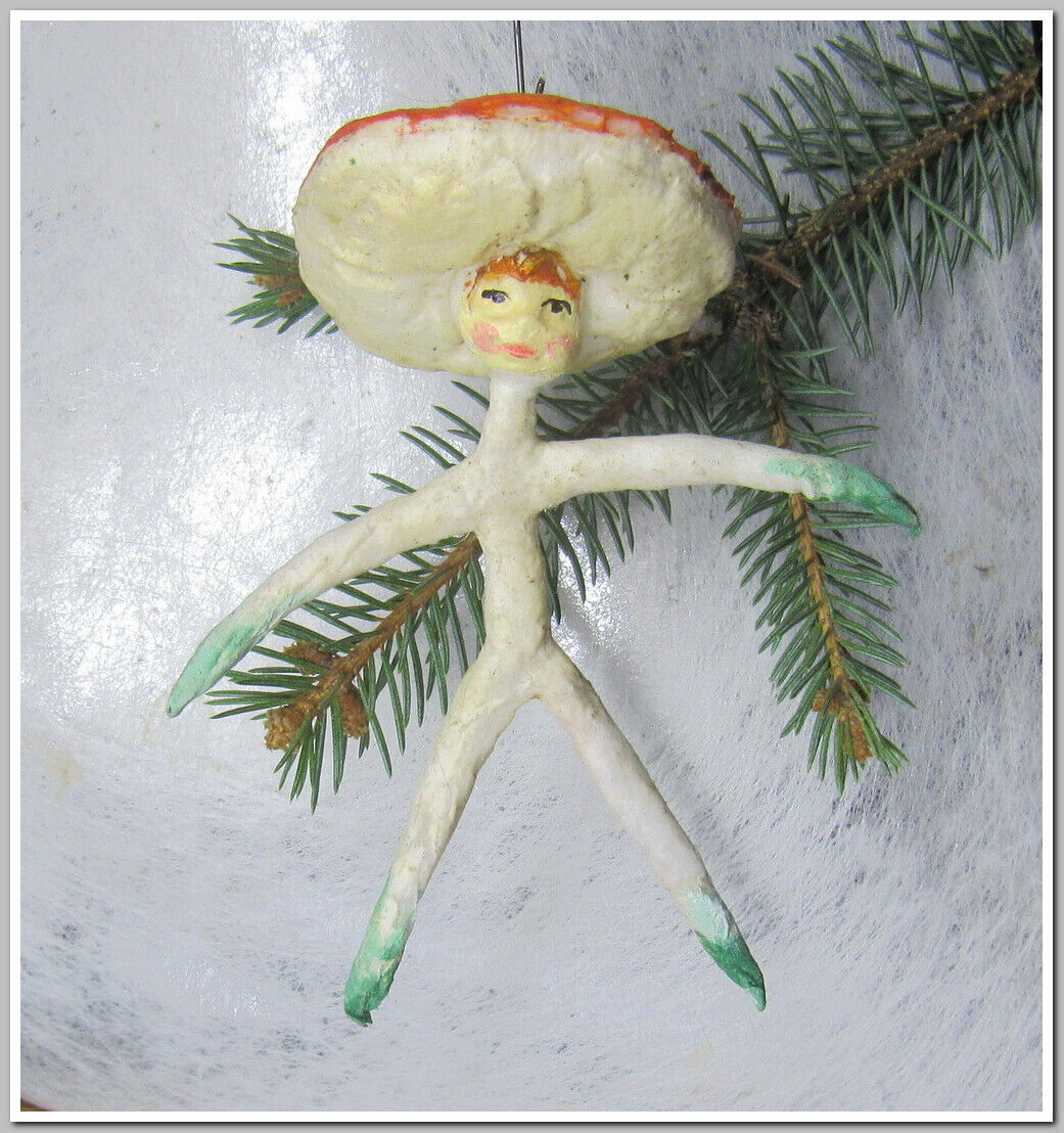 🎄🍄Vintage antique Christmas spun cotton ornament figure Mushroom #29324