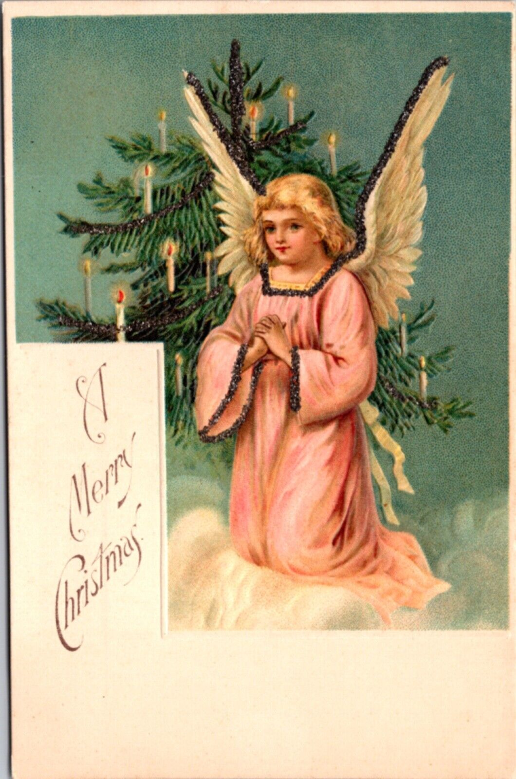 Glitter Christmas Postcard Angel with Candlelit Tree in the Clouds