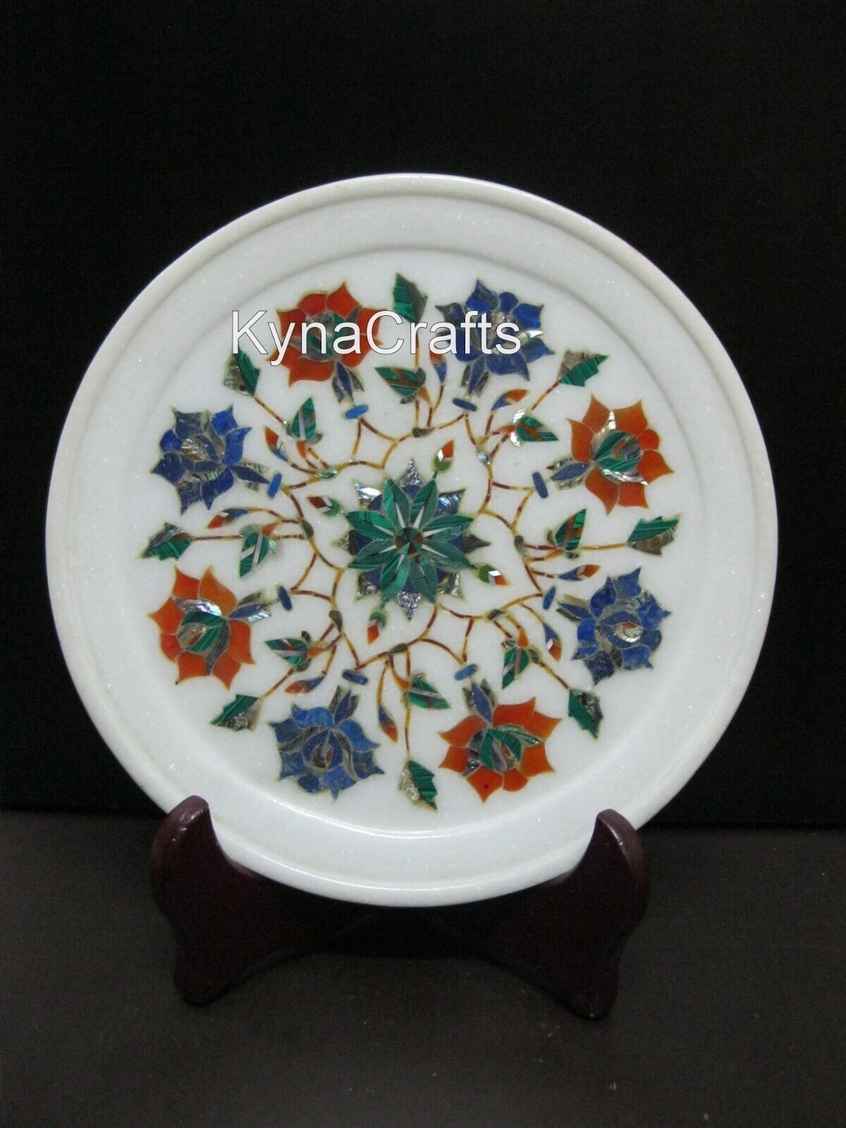 8 Inches Round Marble Plate Semi Precious Stone Inlay Work Home Decor Plate