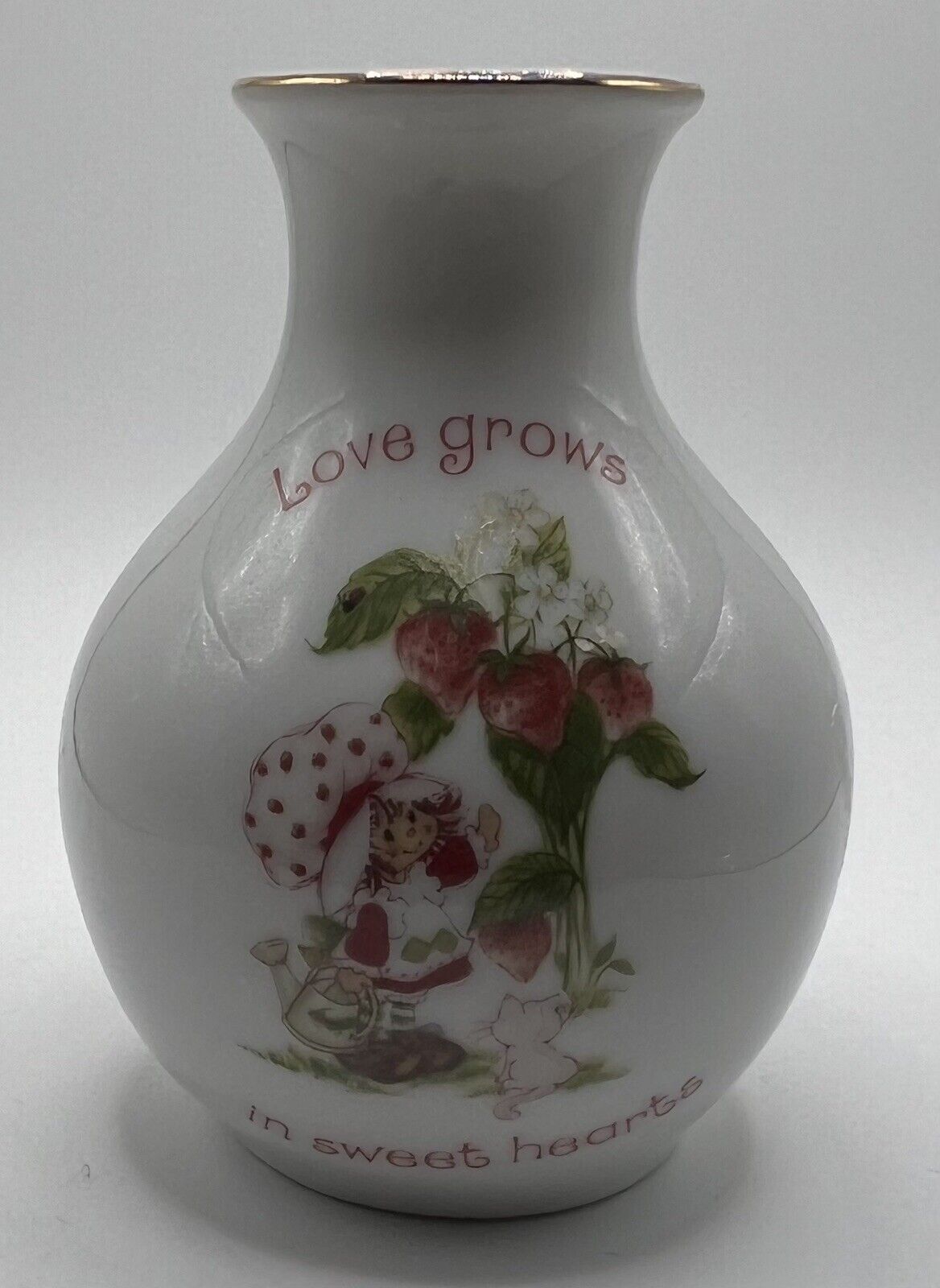 Vintage 1980s Strawberry Shortcake 4” Porcelain Vase “Love Grows In Sweet Hearts