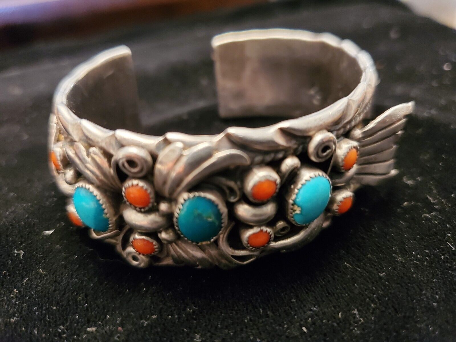 Native American Jack Tom Navajo  Silver Coral Turquoise Watch Bracelet