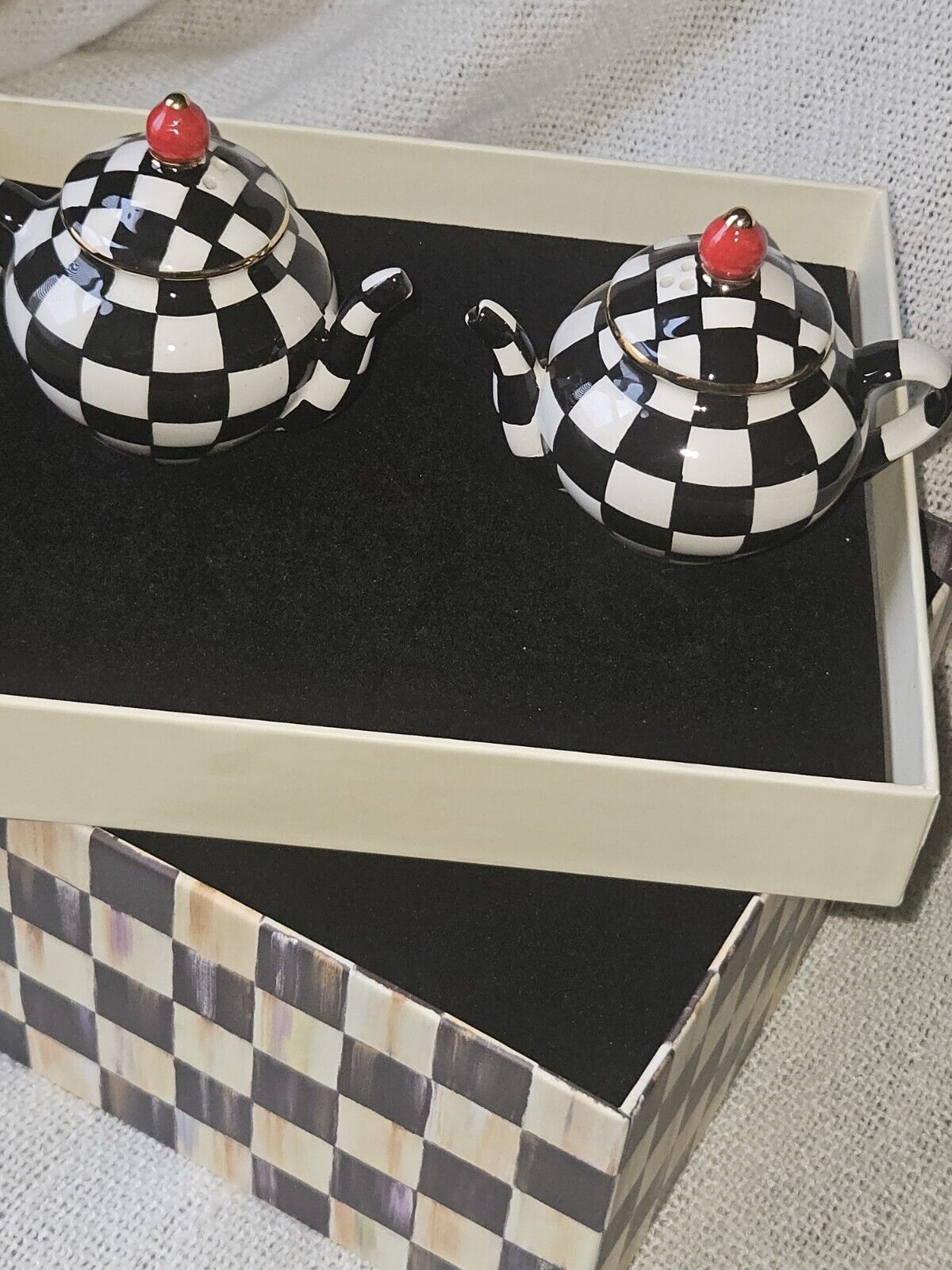 Mackenzie Childs Courtly check Teapot Salt & Pepper Shakers New In BOX