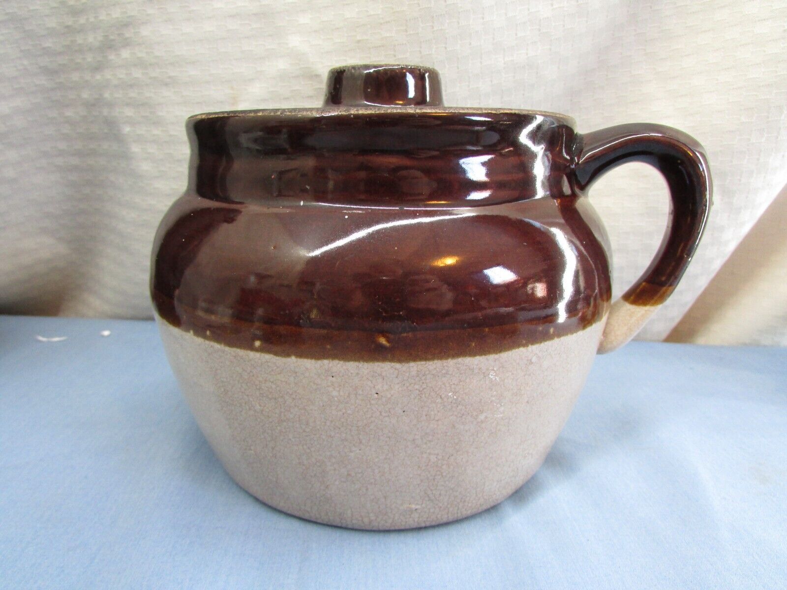 Vintage Brown Stoneware Crock Pottery USA Bean Pot Crown Glaze Jug Lid