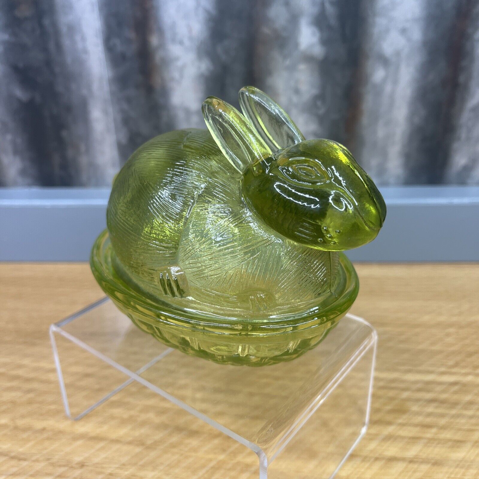 VTG Green Bunny Rabbit Glass Covered Candy Trinket Dish Easter